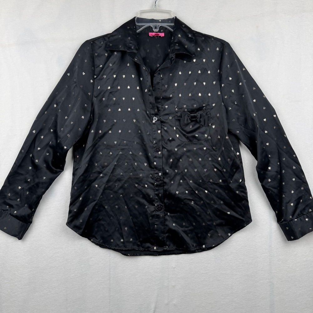 Betsey Johnson‎ Black Shirt Top Small Silver Hearts Bow Pocket Blouse
